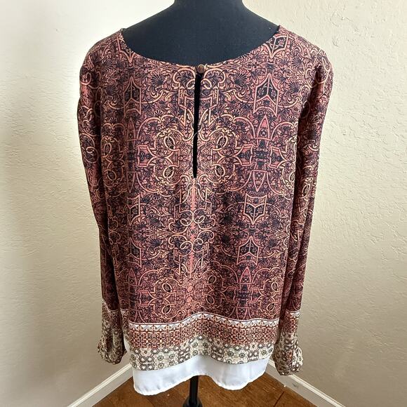 Fourteenth Place Patterned Long Sleeve Blouse Women XL/TG Silk-Look Layered Hem - Picture 2 of 7
